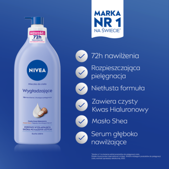 Nivea Wygładzające mleczko do ciała 625ml z pompką, 72h nawilżenia, z masłem shea, na niebieskim tle.