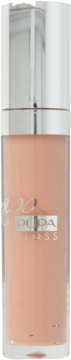 PUPA GLOSS błyszczyk, jasny brzoskwiniowy nude, w przezroczystym opakowaniu, srebrna nakrętka, widok z przodu.