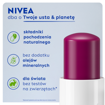 NIVEA Blackberry pielęgnująca pomadka do ust w sztyfcie, zbliżenie na fioletowy sztyft i infografikę składu.