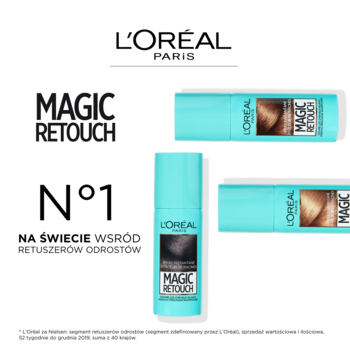 Trzy butelki L'Oréal Magic Retouch, sprayu do maskowania odrostów, w odcieniach brązu na białym tle.