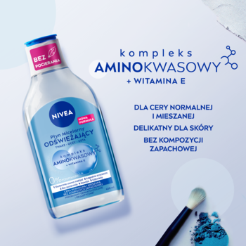 NIVEA Płyn micelarny odświeżający z aminokwasami i witaminą E, dla cery normalnej i mieszanej, widok z przodu.
