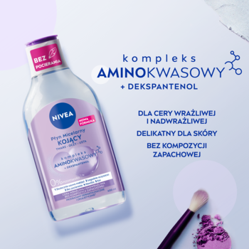 Nivea Kojący płyn micelarny z aminokwasami w przezroczystej butelce z fioletowym akcentem, na gradientowym tle.