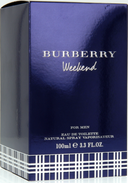 Burberry Weekend cytrusowa woda toaletowa męska, ciemnoniebieskie pudełko z logo i kratą Burberry, ujęcie pod kątem.