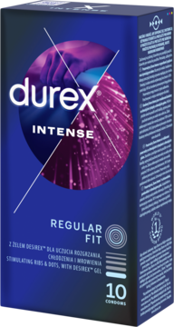 Opakowanie prezerwatyw Durex Intense Regular Fit 10 sztuk, ciemnoniebieskie z fioletowym nadrukiem, widok z przodu pod kątem.