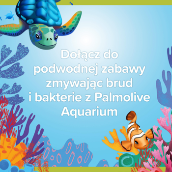 Palmolive Aquarium mydło w płynie. Kolorowa grafika z żółwiem i rybką Nemo, tekst o zabawie w myciu.
