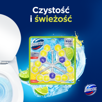 Domestos Power 5 Lime zawieszka WC z 10 zielono-żółtymi bloczkami, tło z limonkami i toaletą.