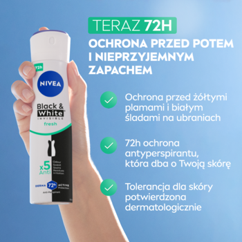 NIVEA Black & White Fresh 72h antyperspirant spray w czarno-białej butelce, trzymanej w dłoni, widok z przodu.