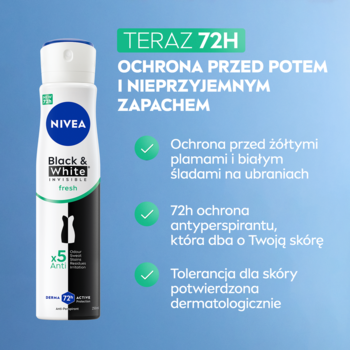 Biała butelka antyperspirantu NIVEA Black & White Fresh, widok z przodu, z czarno-białą etykietą i tekstem o 72h ochronie.