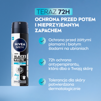 NIVEA MEN Black & White Fresh Antyperspirant spray 150 ml, czarno-biała butelka z tekstem o 72h ochronie.