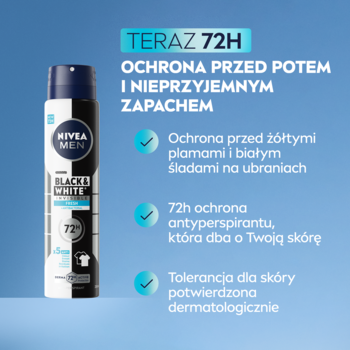 NIVEA MEN Black & White Fresh 72h antyperspirant w sprayu, czarno-biała puszka, bez plam.