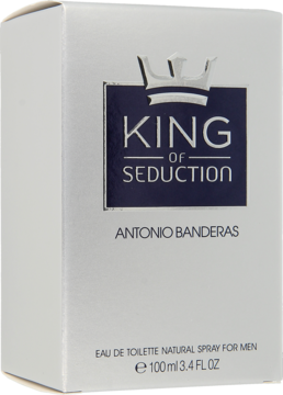 Antonio Banderas King of Seduction woda toaletowa, białe pudełko z granatową etykietą i srebrną koroną, widok z przodu.