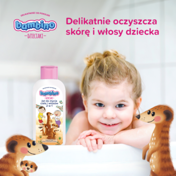 Bambino Dzieciaki żel 2w1 400ml z surykatkami. Butelka obok uśmiechniętego dziecka w wannie.