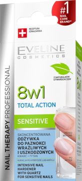 Eveline 8w1 Total Action Sensitive, białe opakowanie odżywki do paznokci z kwarcem, widok z przodu.