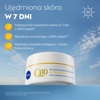 Biały słoiczek kremu NIVEA Q10 Ujędrnienie SPF30 na dzień, z żółtą nakrętką, na tle błękitnego nieba.