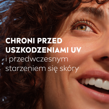 Uśmiechnięta kobieta, napis: chroni przed UV i starzeniem skóry. NIVEA Q10 UJĘDRNIENIE SPF30 krem.