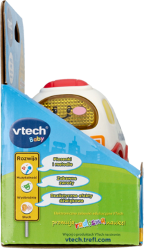 Boczne opakowanie zabawki VTech Baby Tut Tut Autka, biały pojazd widoczny w pudełku. Mówi, śpiewa, gra melodie.