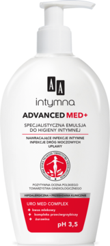 Biała butelka AA Intymna Advanced Med+ emulsji intymnej z pompką, front, pH 3.5, URO MED Complex.