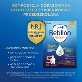 Bebilon 5 Advance Pronutra, niebieskie opakowanie z logo, z tekstem o wsparciu odporności i rozwoju mózgu.
