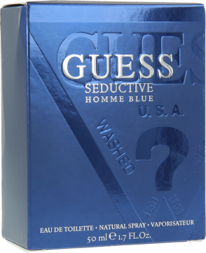 Niebieskie pudełko perfum Guess Seductive Homme Blue 50 ml Eau de Toilette z metalicznym logo, widok z przodu.