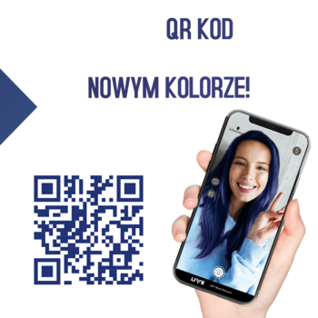 Smartfon z uśmiechniętą modelką z niebieskimi metalicznymi włosami Schwarzkopf Live i QR kod.