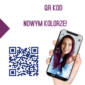 Smartfon z aplikacją do wirtualnego przymierzania metalicznej farby SCHWARZKOPF LIVE. Obok kod QR.