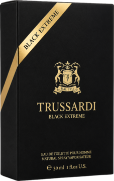 Perfumy Trussardi Black Extreme EDT, czarne opakowanie 30ml, ze złotym logo i napisem, ujęcie z przodu.