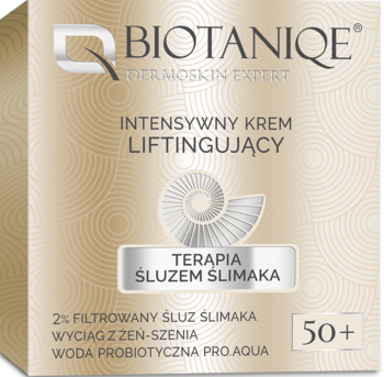 Biotaniqe Intensywny Krem Liftingujący 50+ w złotym opakowaniu, z grafiką ślimaka i napisem 'Terapia Śluzem Ślimaka'.
