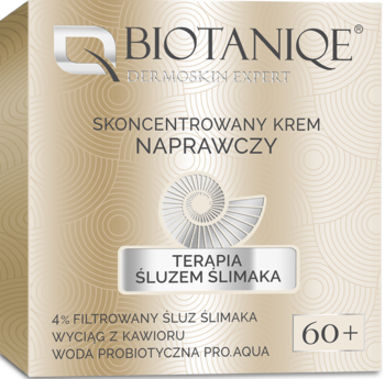 Biotaniqe Skoncentrowany Krem Naprawczy 60+ ze śluzem ślimaka, beżowe pudełko, widok z przodu.