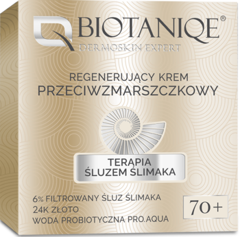 Złote opakowanie kremu Biotaniqe Regenerujący Krem Przeciwzmarszczkowy 70+ ze śluzem ślimaka i 24K złotem, widok z przodu.