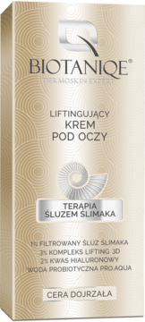 Biotaniqe Liftingujący Krem pod Oczy ze śluzem ślimaka, beżowe opakowanie z wzorami, dla cery dojrzałej.