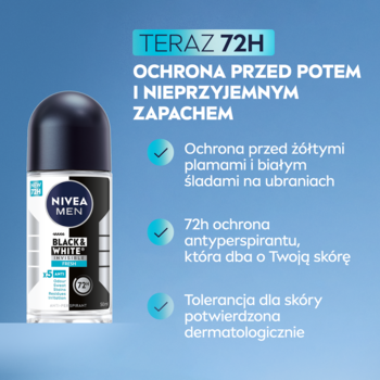 NIVEA MEN Black & White Fresh roll-on 72h antyperspirant. Biała butelka z czarnym napisem i czarną nakrętką, na niebieskim tle.