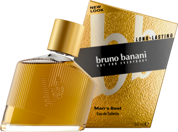 Bruno Banani Man's Best woda toaletowa 50 ml, złoty, pochylony flakon z żeberkami i pudełko.