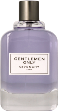 Givenchy Gentleman Only, lawendowa woda toaletowa, prosta butelka z jasnofioletowego szkła i srebrnym korkiem.