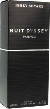 Czarne, matowe pudełko perfum Issey Miyake Nuit d'Issey Parfum dla mężczyzn, widok z przodu.