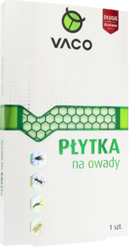 Biało-zielone pudełko VACO płytka na owady, z zielonym wzorem i ikonami owadów. Widok z przodu.