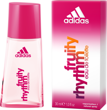 Adidas Fruity Rhythm woda toaletowa, różowa butelka obok białego pudełka z logo Adidas.