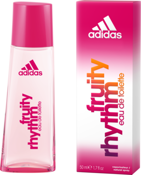 Woda toaletowa Adidas Fruity Rhythm: różowa butelka i pudełko z gradientem, widoczne logo i nazwa zapachu.