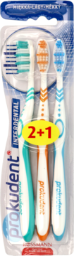 Zestaw 3 miękkich szczoteczek Prokudent Interdental, biało-turkusowa, pomarańczowa i niebieska, z promocją 2+1.