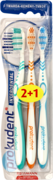 Zestaw 3 twardych szczoteczek Prokudent Interdental w blistrze, z uchwytami turkus, pomarańcz, niebieski, naklejka 2+1. Rossmann.