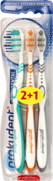 Zestaw 3 szczoteczek Prokudent, średnia twardość: turkusowa, pomarańczowa, szara, w blistrze, widok z przodu.