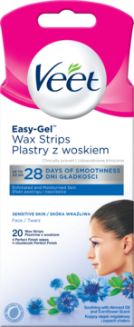 Veet Easy-Gel Wax Strips do twarzy i skóry wrażliwej, 20 sztuk, opakowanie różowo-białe, widok z przodu.