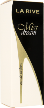 Pionowe pudełko perfum LA RIVE Miss dream eau de parfum, czarno-białe ze złotymi napisami i wzorem.