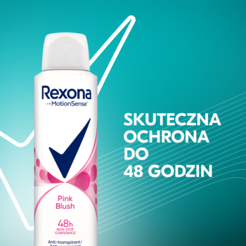 Biały spray Rexona Pink Blush 48h z różowymi akcentami i znakiem checkmarka. Widok z przodu, obok tekst o ochronie do 48h.