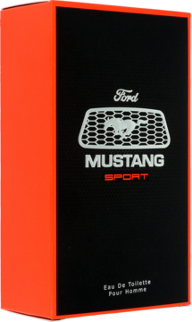 Opakowanie męskiej wody toaletowej Mustang Sport, czarno-pomarańczowe, z logo Forda, widok pod kątem.