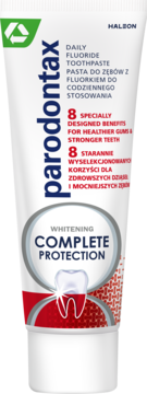 Parodontax Complete Protection Whitening pasta do zębów, biało-srebrna tubka z zielonym topem, widok z przodu.