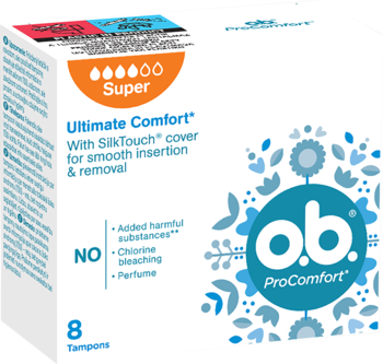 Pudełko tamponów ob ProComfort Super (8 sztuk), białe z pomarańczowym logo i niebieskim wzorem, widok z przodu.