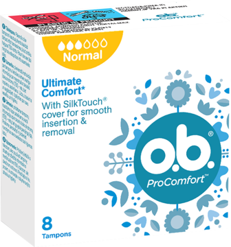 Opakowanie o.b. ProComfort Ultimate Comfort Normal 8 tamponów, białe z żółtym i niebieskim wzorem, widok z przodu pod kątem.