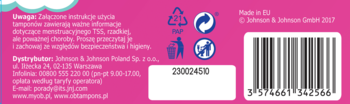Tył różowego opakowania tamponów o.b. z polskim tekstem (ostrzeżenie, dystrybutor), symbolami recyklingu i kodem kreskowym.
