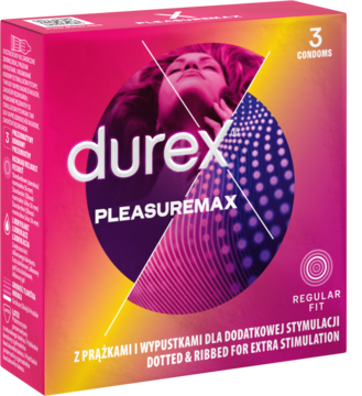 Różowo-pomarańczowe opakowanie prezerwatyw Durex Pleasuremax, 3 szt., 'dotted & ribbed', widok z przodu.