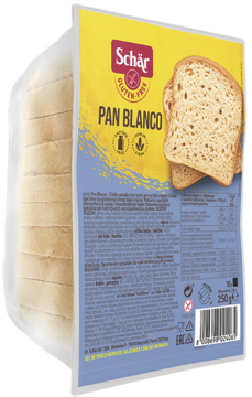 Schär Pan Blanco bezglutenowy chleb biały, tył opakowania pod kątem, widoczne świeże kromki.